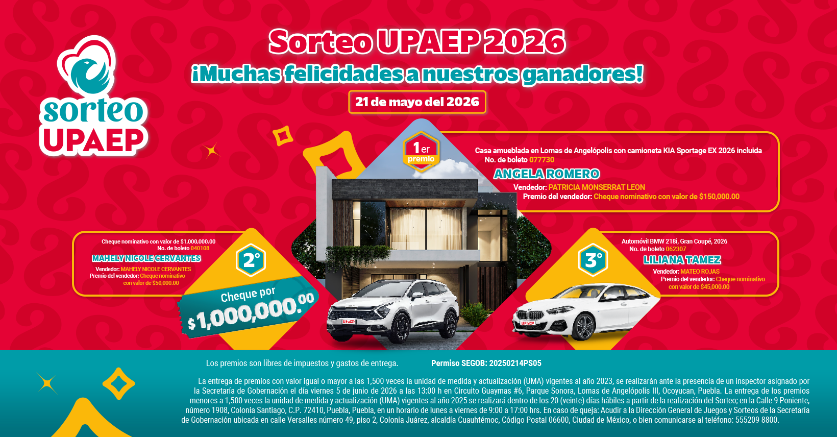Lista de ganadores Sorteo UPAEP 2026